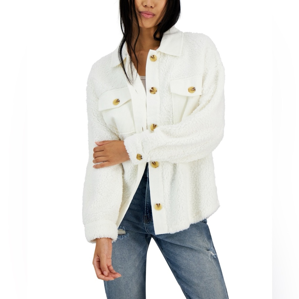 Hippie Rose- Juniors' Corduroy-trim Sherpa Button-up Shacket In Winter White S